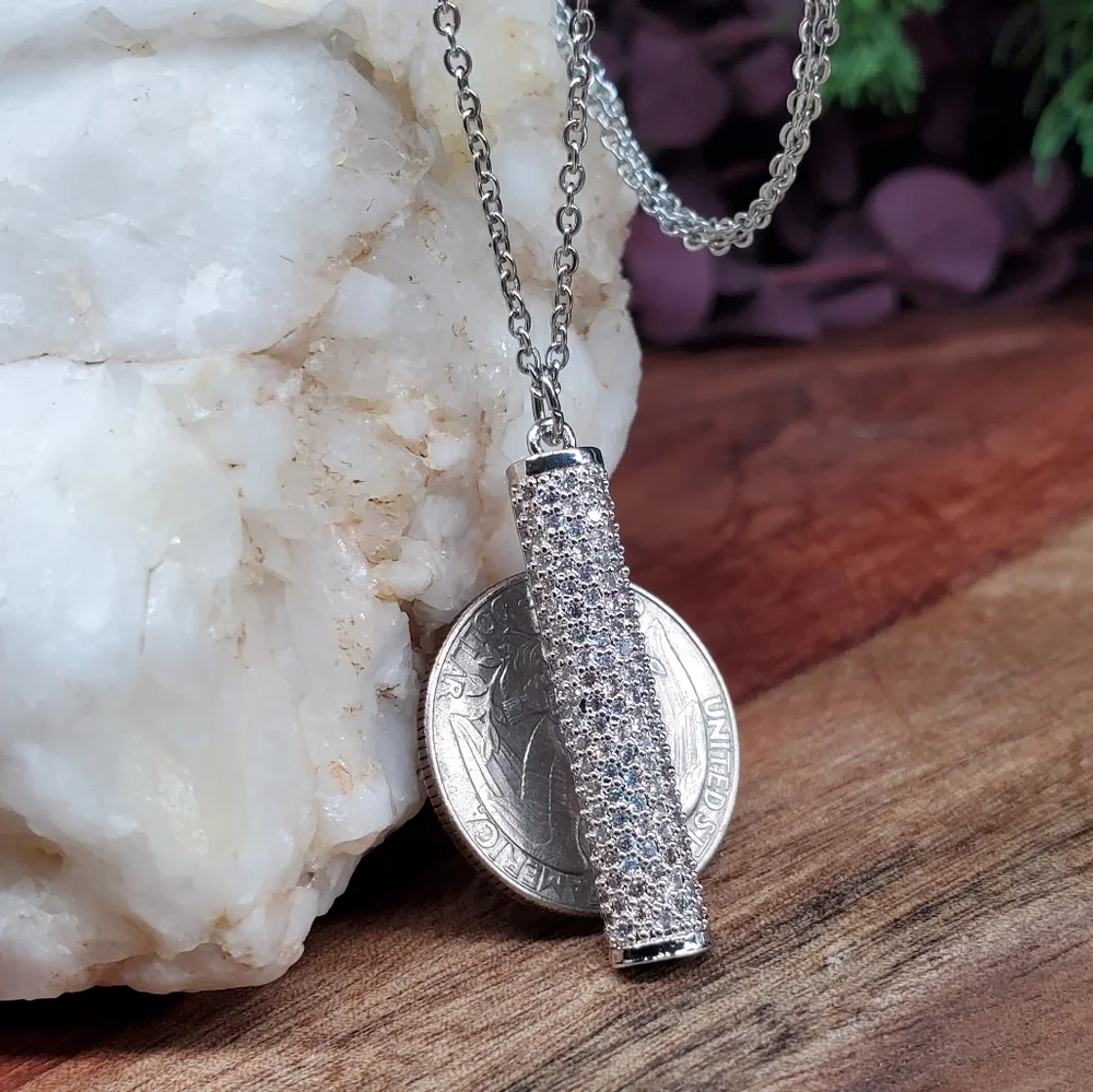 Contemporary Design Pendant Platinum plated Bar White Topaz Pave Dainty Delicate